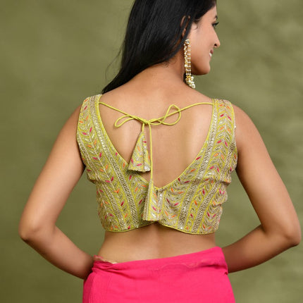 Amodini Designer Studio Lime Green Embroidered Sleeveless Padded Blouse