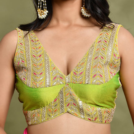 Amodini Designer Studio Lime Green Embroidered Sleeveless Padded Blouse
