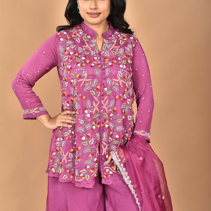 Morchari Women And Hand Embroidery Palazzo Set-Purple