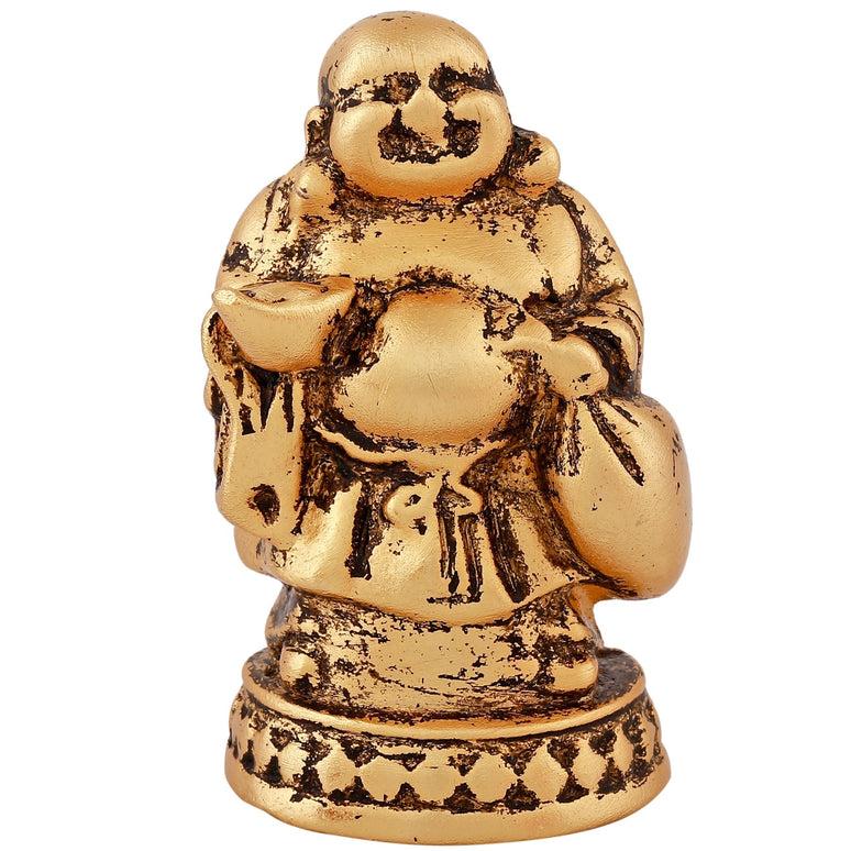 Estele Gold-Polished Laughing Buddha standing statue with Potli showpiece for Perfect Home and Office Décor