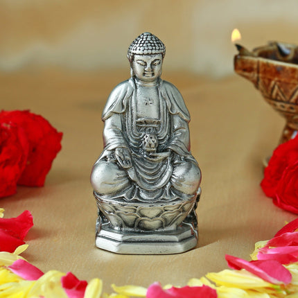 Estele Rhodium Plated Oxidized Lord Gautam Buddha Mediatating Idol statue for Home Décor/ working place