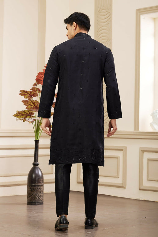 Raivat Ethnic Men's Art Silk Thread Work Kurta Pyjama In Black Colour
