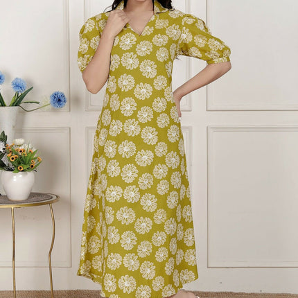 Miravan Women'S Yellow Printed Puff Sleeve Floral Maxi Party Dress