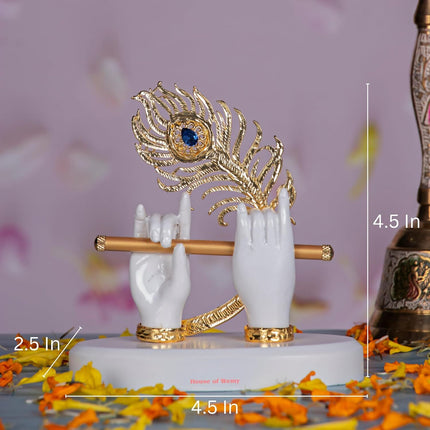 House Of Wemy Gold-Polished Melody Krishna Hands Idol with Flute and Peacock Feather - White