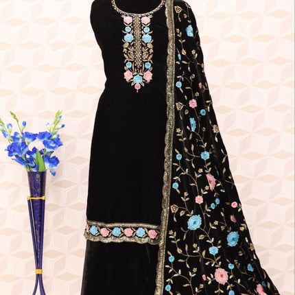 Lorenvalley Fashion Women Black Velvet Embroidered Salwar Suit Material