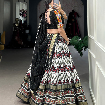 Lorenvalley Tussar Silk Black Leheriya Print with Foil Print and Paper Mirror Work Lace Lehenga Choli with Dupatta