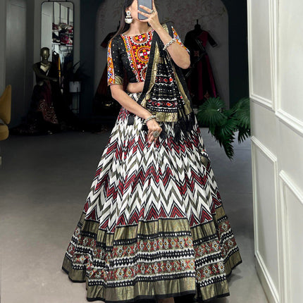 Lorenvalley Tussar Silk Black Leheriya Print with Foil Print and Paper Mirror Work Lace Lehenga Choli with Dupatta