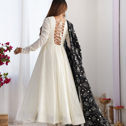 Lorenvalley Fashion White Vichitra Silk Fabric Fully Flared Anarkali Pant With Dupatta Set
