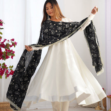 Lorenvalley Fashion White Vichitra Silk Fabric Fully Flared Anarkali Pant With Dupatta Set