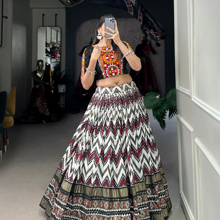 Lorenvalley Tussar Silk Black Leheriya Print with Foil Print and Paper Mirror Work Lace Lehenga Choli with Dupatta