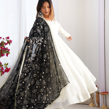 Lorenvalley Fashion White Vichitra Silk Fabric Fully Flared Anarkali Pant With Dupatta Set