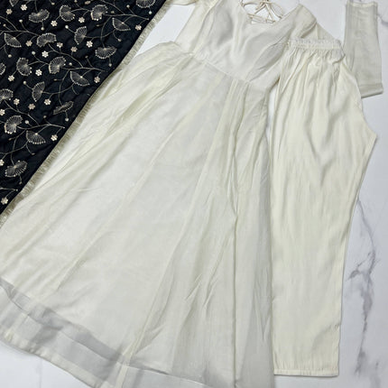 Lorenvalley Fashion White Vichitra Silk Fabric Fully Flared Anarkali Pant With Dupatta Set