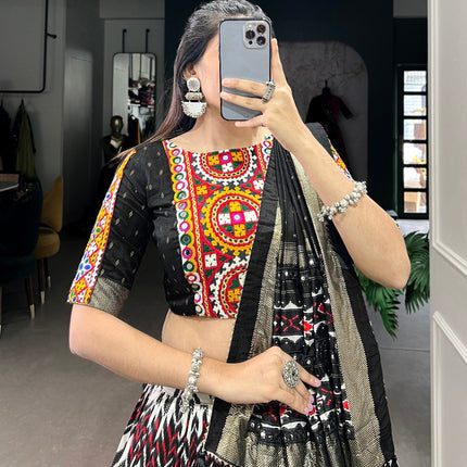 Lorenvalley Tussar Silk Black Leheriya Print with Foil Print and Paper Mirror Work Lace Lehenga Choli with Dupatta