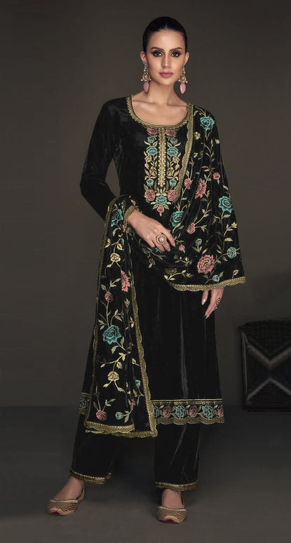 Lorenvalley Fashion Women Black Velvet Embroidered Salwar Suit Material