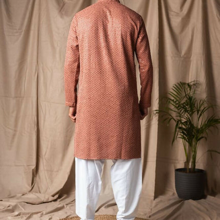 Reddish Orange Rayon Thread Embroidery Work Kurta Set - Mahotsav