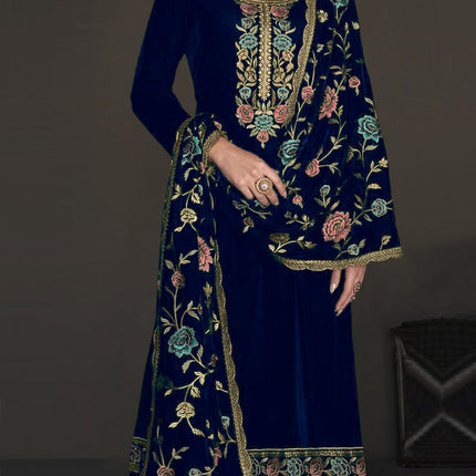 Lorenvalley Fashion Women Blue Velvet Embroidered Salwar Suit Material