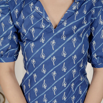 Miravan Womens Floral Print Blue Collar-Neck Puff Sleeves A-Line Maxi Dress