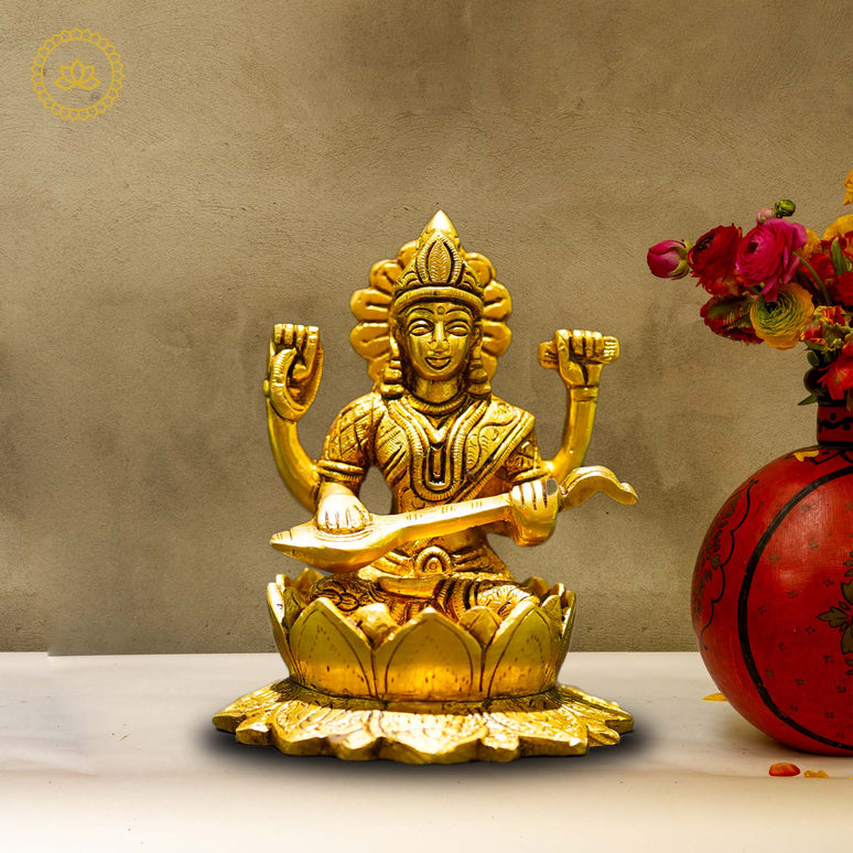 Brass Saraswati Idol - Embodiment of Knowledge and Artistic Inspiration"
