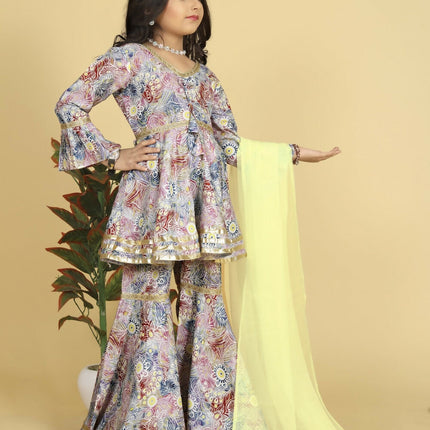 Divine Drape Girls Muslin MultiColour Printed Straight Kids Kurta Sharara With Dupatta
