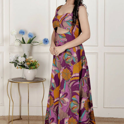 Miravan Womens Purple Pure Cotton Floral Printed Sleeveless Cut Out Western Dress