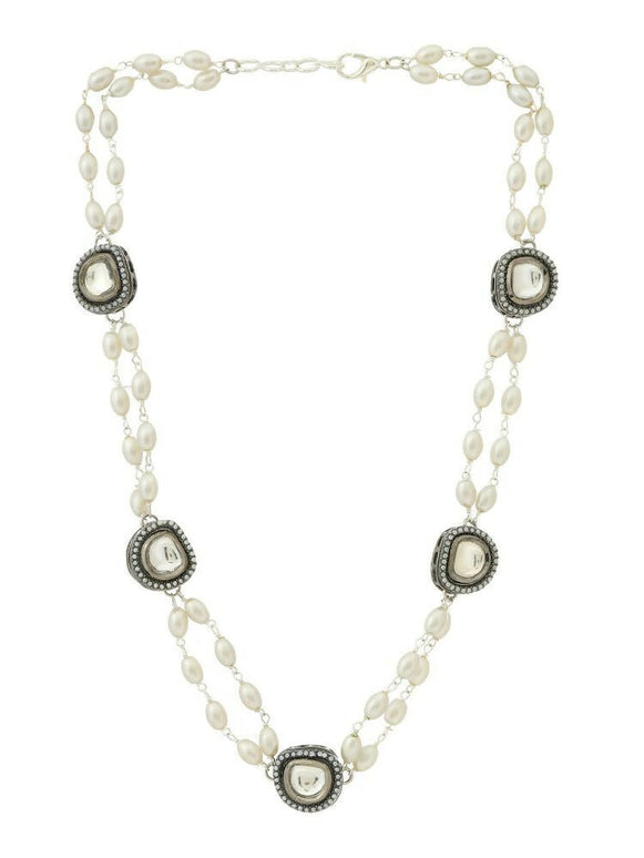 Rhodium Plated Kundan Necklace - Ruby Raang