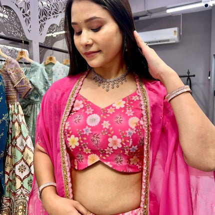 Aastha Fashion Pink Slub Silk Embroidery Thread / Sequence Work + Digital Print Semi Stitched Wedding Wear Lehenga Choli