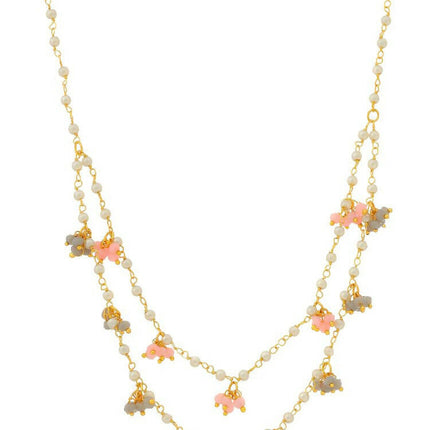 Beaded Pearl Necklace with Grey and Pink Colourful Motifs - Ruby Raang