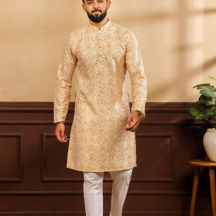 Mustard Art Silk Digital Printed, Embroidery Work Kurta Set - Mahotsav