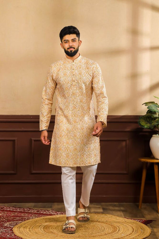 Mustard Art Silk Digital Printed, Embroidery Work Kurta Set - Mahotsav