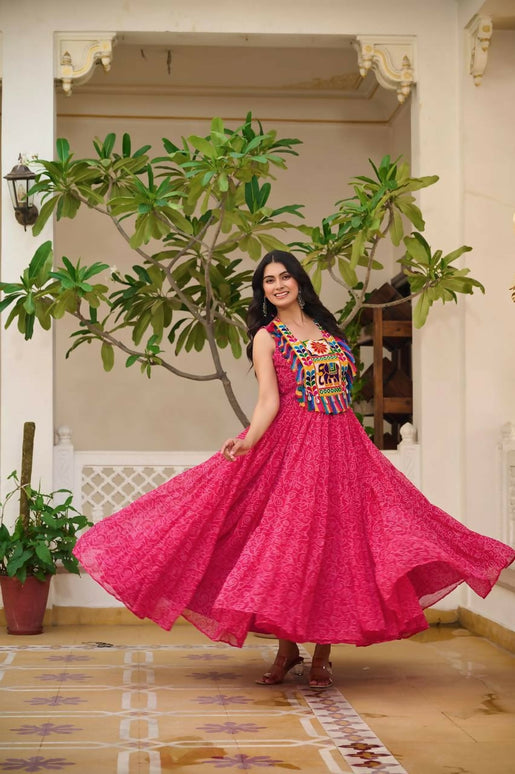 Aastha Fashion Magenta Faux Georgette Bandhani Print Navratri Designer Gown Collection