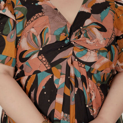 Miravan Womens Plus Size Pure Cotton Black Puff Sleeve Floral Printed Butterfly Maxi Dress