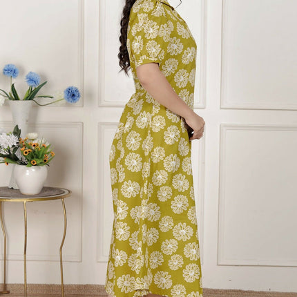 Miravan Women'S Yellow Printed Puff Sleeve Floral Maxi Party Dress