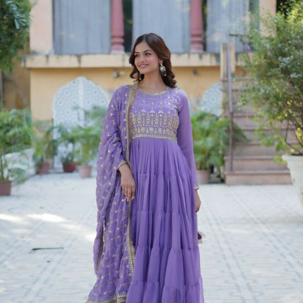 Aastha Fashion Purple Star Georgette Embroidery Party Wear Designer Gown