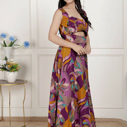 Miravan Womens Purple Pure Cotton Floral Printed Sleeveless Cut Out Western Dress