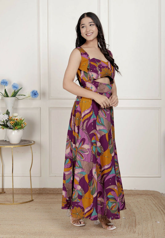 Miravan Womens Purple Pure Cotton Floral Printed Sleeveless Cut Out Western Dress