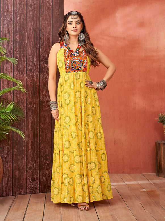 Aastha Fashion Yellow Faux Blooming Georgette Glamorous Festival Wear Designer Navratri Gown Collection