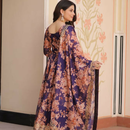 Aastha Fashion Purple Russian Silk Digital Print With Embroidered Sequins Work Party Wear Designer Gown