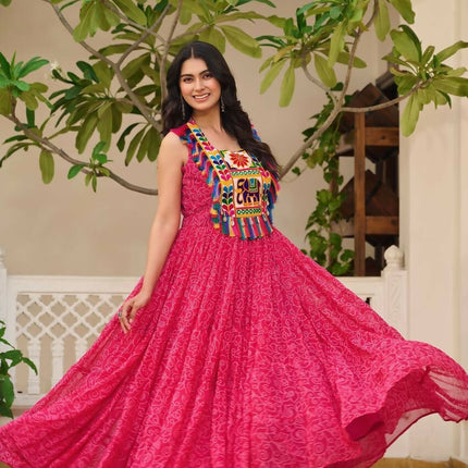 Aastha Fashion Magenta Faux Georgette Bandhani Print Navratri Designer Gown Collection