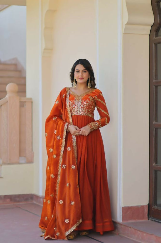 Aastha Fashion Orange Fendy Fabric Zari & Sequins Embroidered work Party Wear Designer Gown