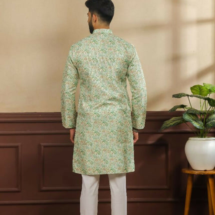 Green Art Silk Digital Printed, Embroidery Work Kurta Set - Mahotsav
