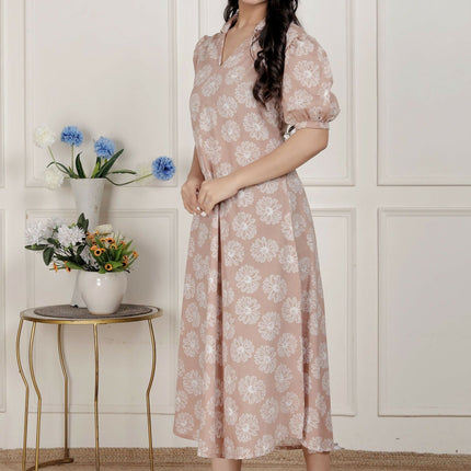 Miravan Womens Puff Sleeve Cheeku Pure Cotton Printed Maxi Dress