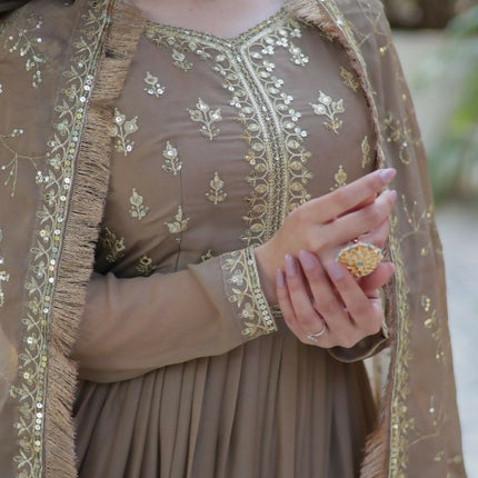 Aastha Fashion Beige Star Georgette Embroidery Party Wear Designer Gown