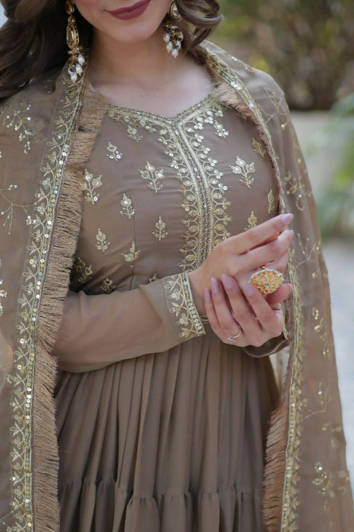 Aastha Fashion Beige Star Georgette Embroidery Party Wear Designer Gown