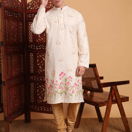 Cream Cotton Printed Chikankari Embroidery Work Kurta - Mahotsav