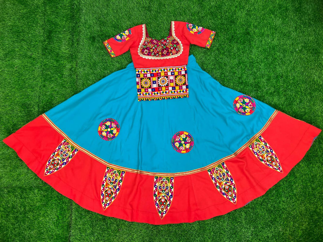 Aastha Fashion Rama Roman Silk Real Mirror Gamthi Work Patch + Readymade Lace Semi Stitched Wedding Wear Lehenga Choli