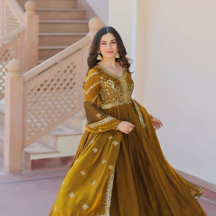 Aastha Fashion Mehandi Fendy Fabric Zari & Sequins Embroidered work Party Wear Designer Gown