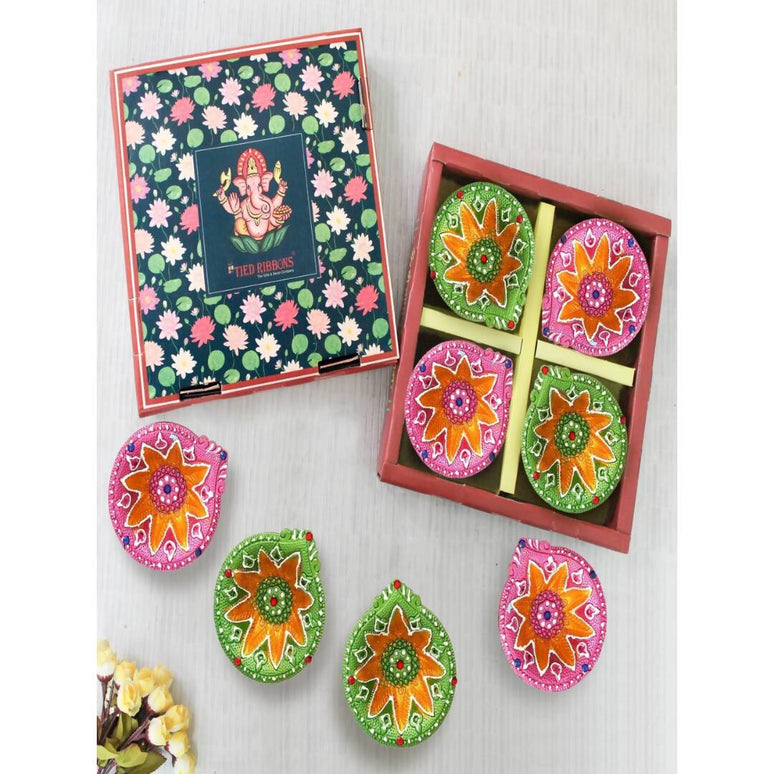Tied Ribbons Green & Pink Set of 8 Terracotta Clay Diwali Diyas