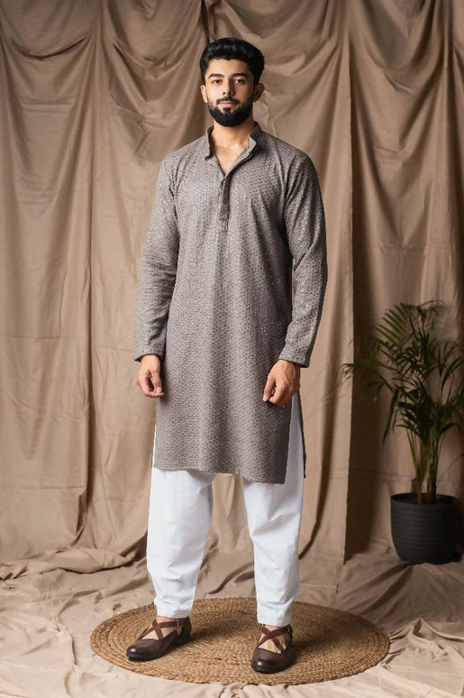 Grey Rayon Thread Embroidery Work Kurta Set - Mahotsav