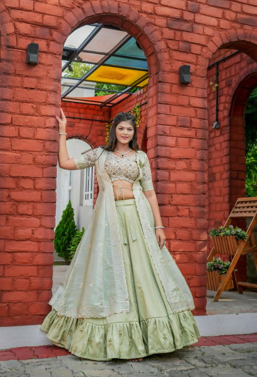 Aastha Fashion Pista Heavy Joya Silk Heavy Embroidery Zari Semi Stitched Wedding Wear Lehenga Choli