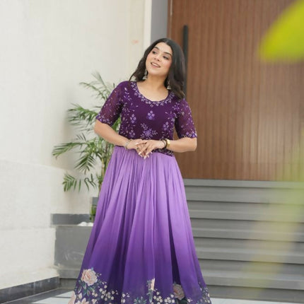 Aastha Fashion Purple Faux Blooming Embroidered work and Rich Floral Pedding Digital Print Party Wear Designer Gown